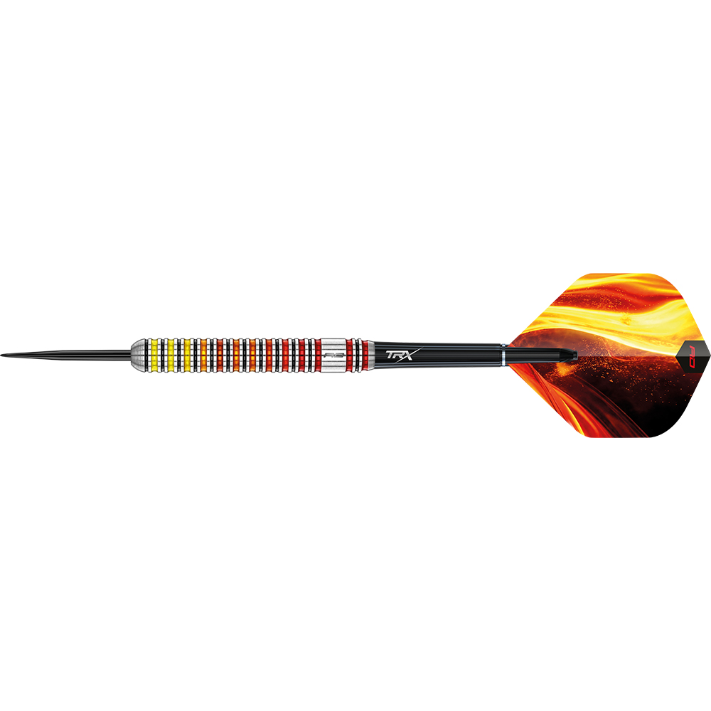 Intricately designed steel dart with sharp black tip. Barrel has ribbed grip and bright yellow, orange and red rings. Black shaft with ‘TRX’ inscription. Flight has flame pattern in yellow and red, like furnace embers.
