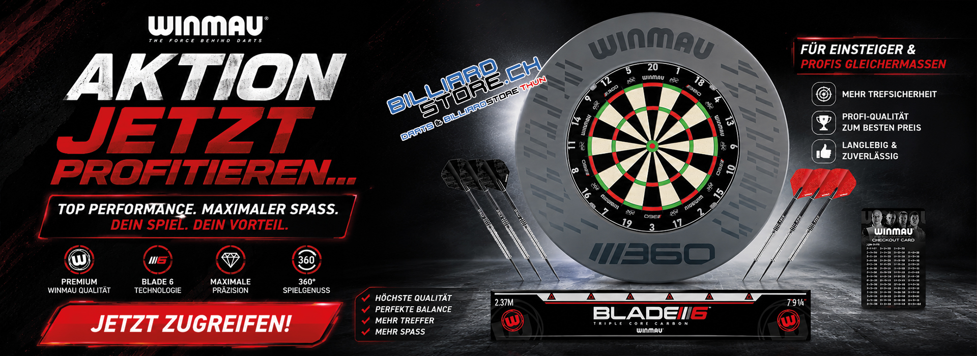 Bannière pub Winmau fléchettes : cible Blade 6 avec trois fléchettes. Offre spéciale : profitez-en ! Performances exceptionnelles, plaisir maximal. Qualité haut de gamme, technologie Blade 6. Débutants et pros : plus de précision.