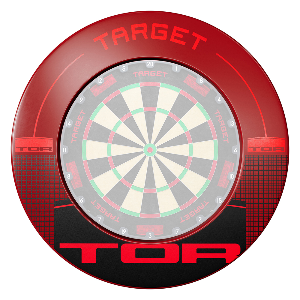 Anneau de protection TOR « Target » rond, rouge et noir, qui entoure la cible. Le matériau brillant arbore en haut l'inscription « Target » en rouge et en bas le logo « TOR » rouge sur fond noir. Offre une protection murale et un design moderne.