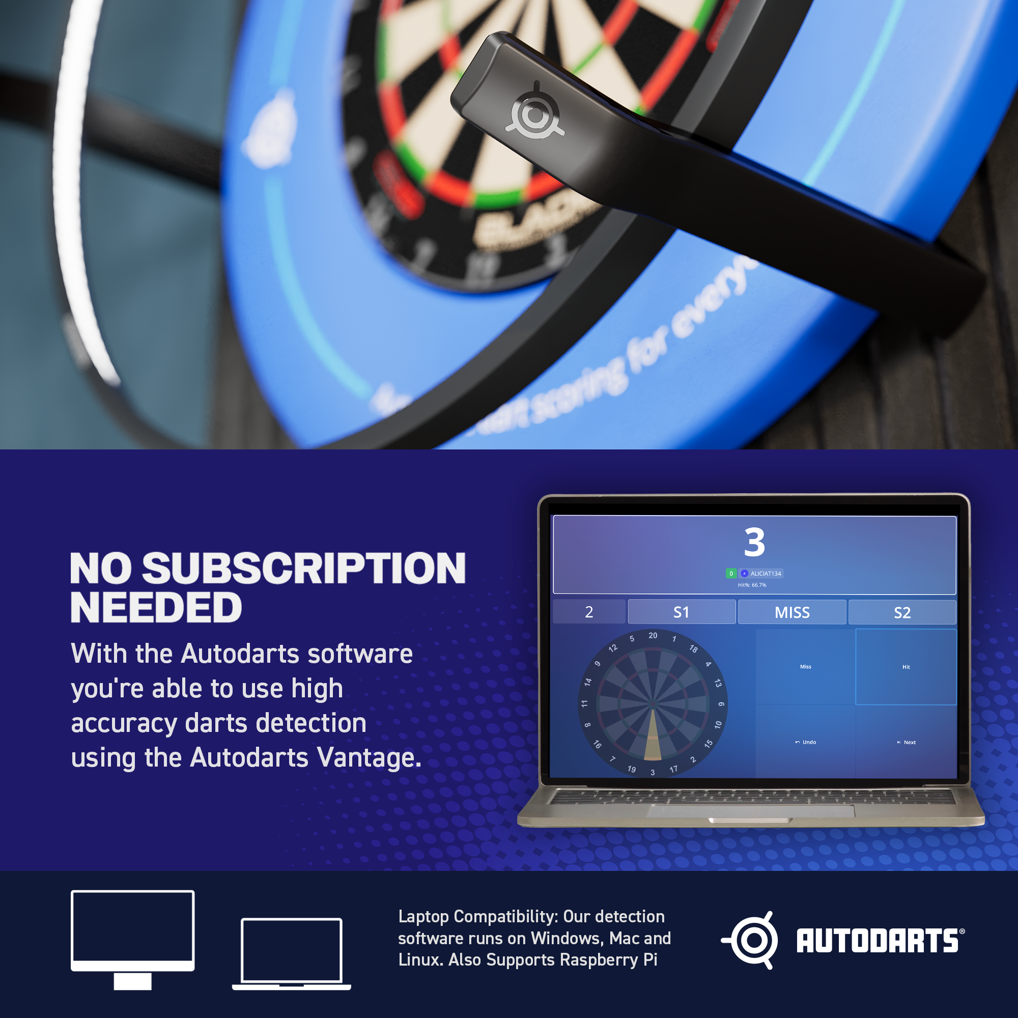 Autodarts : la caméra Vantage se fixe sur la cible via un anneau de détection bleu pour la reconnaissance automatique des coups. Un PC affiche le logiciel avec tableau numérique et comptage des points en temps réel. Sans abonnement.