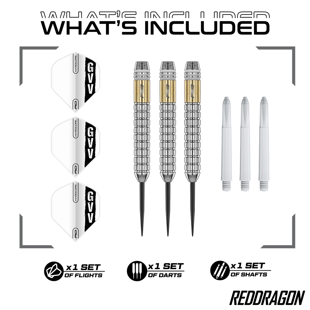 Red Dragon Gian van Veen Brass 21g steel-tip darts set on a white background: 3 darts with ribbed silver brass barrels, gold-coloured accents and black tips, plus 3 white flights (GVV/RD Hardcore) and 3 white shafts.