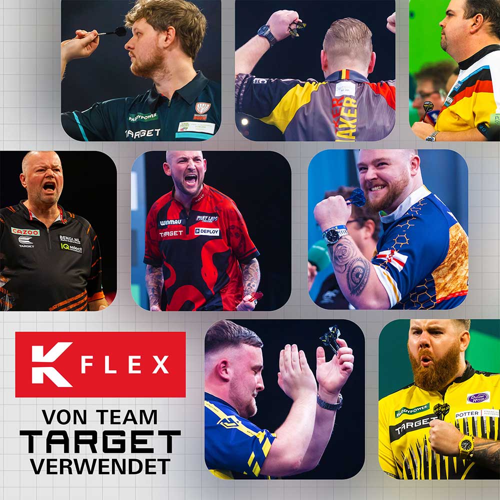 Collage de 8 visuels dynamiques de joueurs de fléchettes pros, dont Nathan Aspinall, lançant ou célébrant. Maillots « Target ». Un joueur montre des flights K-Flex ; logo K-Flex et mention «UTILISÉ PAR TEAM TARGET».