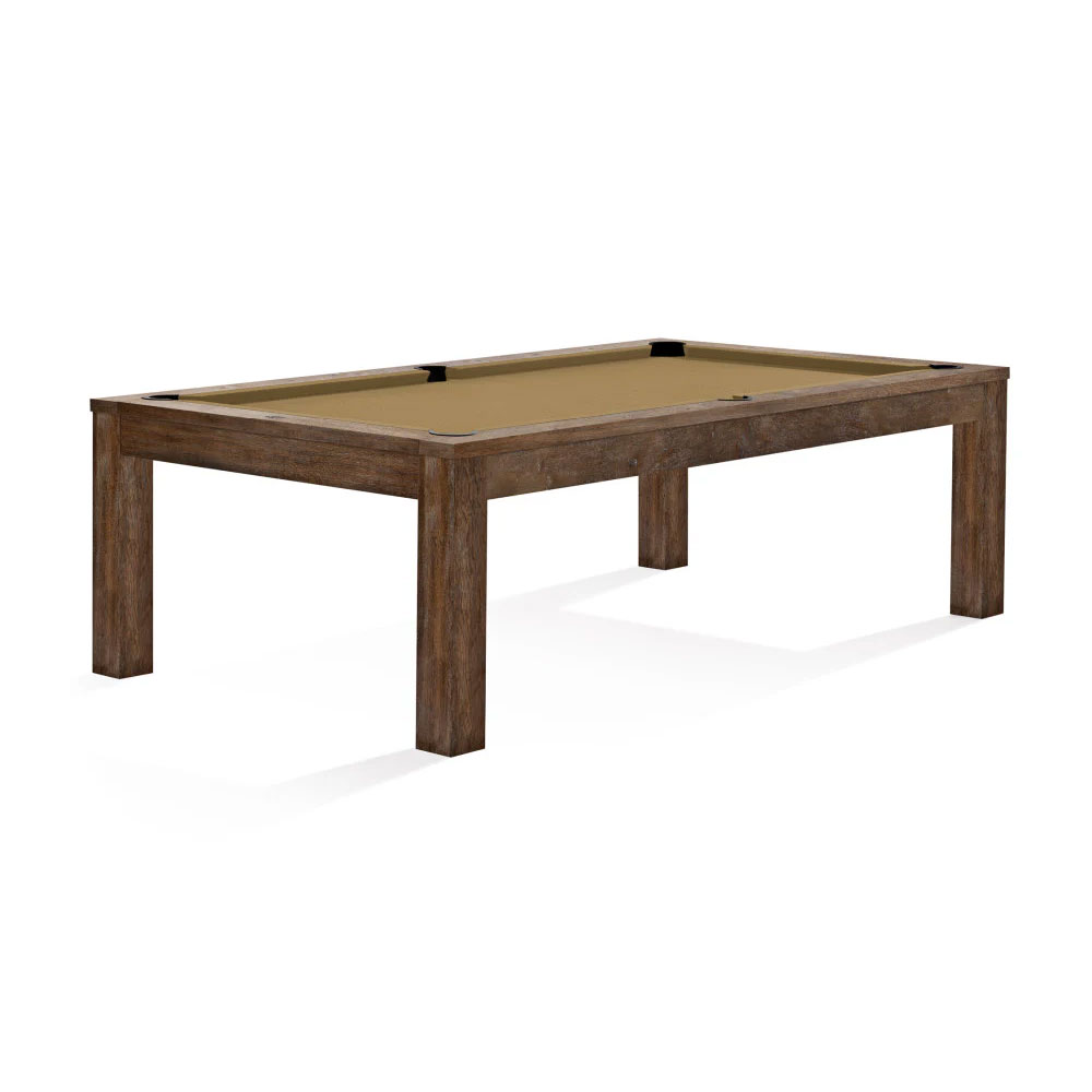 Table de billard moderne « Brunswick » Soho, finition noix de muscade et plateau lisse marron clair. Repose sur quatre pieds droits en bois robustes. Style minimaliste, poches plates foncées intégrées, lignes épurées, 8 pieds.