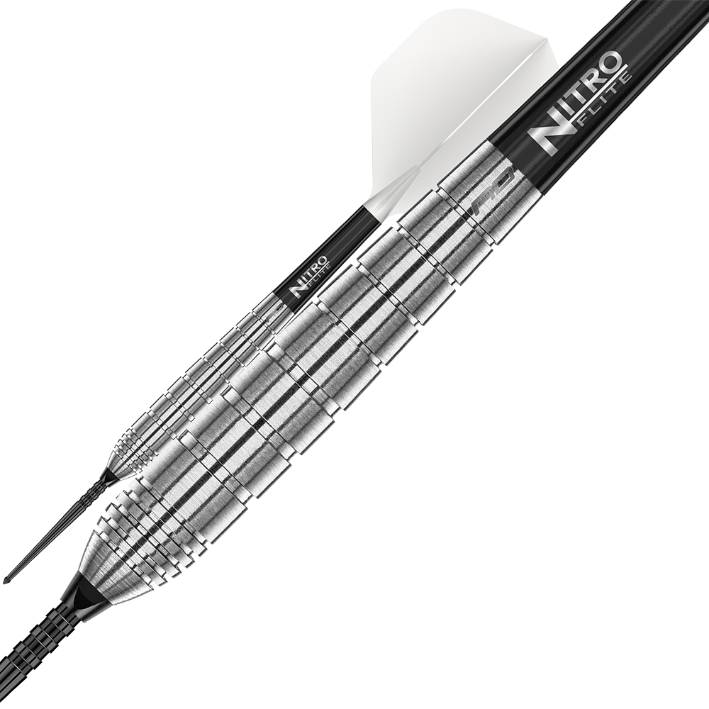 Two metal darts with ribbed silver barrels and black shafts bearing the inscription ‘NITRO FLITE’. The front dart is in sharp focus, the rear one slightly out of focus; both have white flights and black tips on a white background.