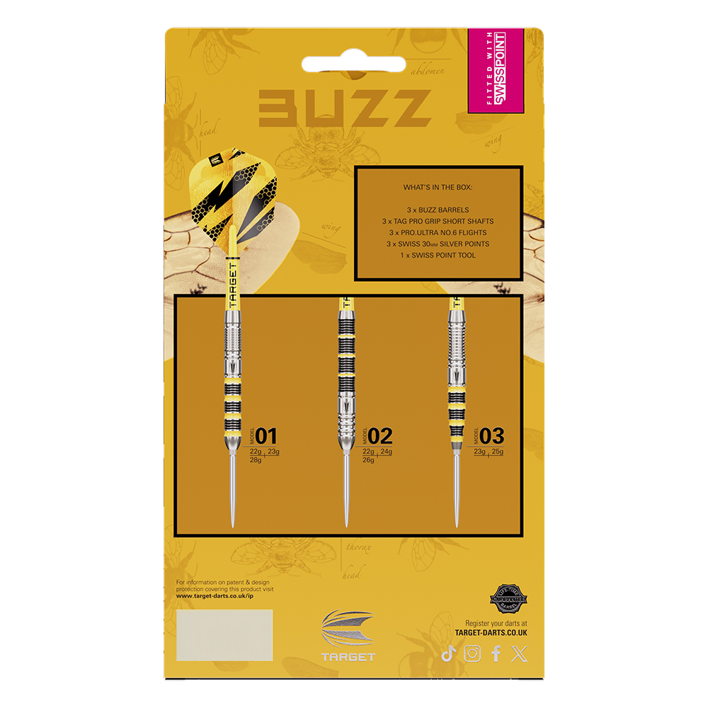 Emballage des fléchettes acier BUZZ Target : contenu de livraison, trois corps BUZZ en tungstène 90 % (01, 02, 03) avec pointes Swiss Points argentées. En haut à gauche, fléchette avec flight alvéolé jaune/noir. Poids par corps.