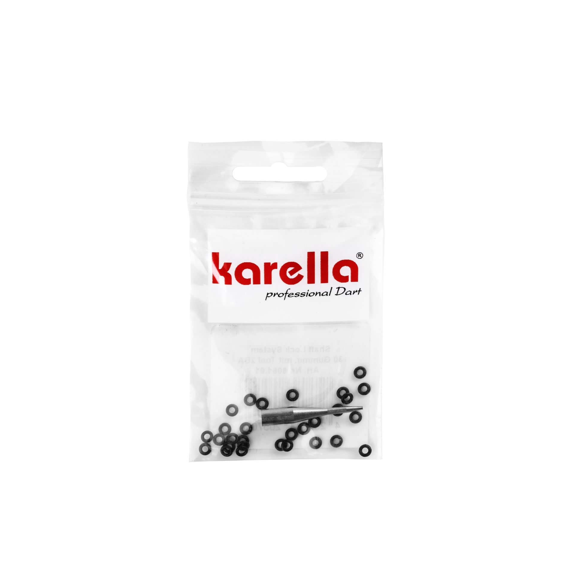 Sachet transparent avec logo « Karella » rouge. Contient de petits anneaux en caoutchouc noirs et un outil en aluminium argenté à pointe fine. Les joints toriques fixent les tiges de fléchettes 2BA et ne se détachent pas.