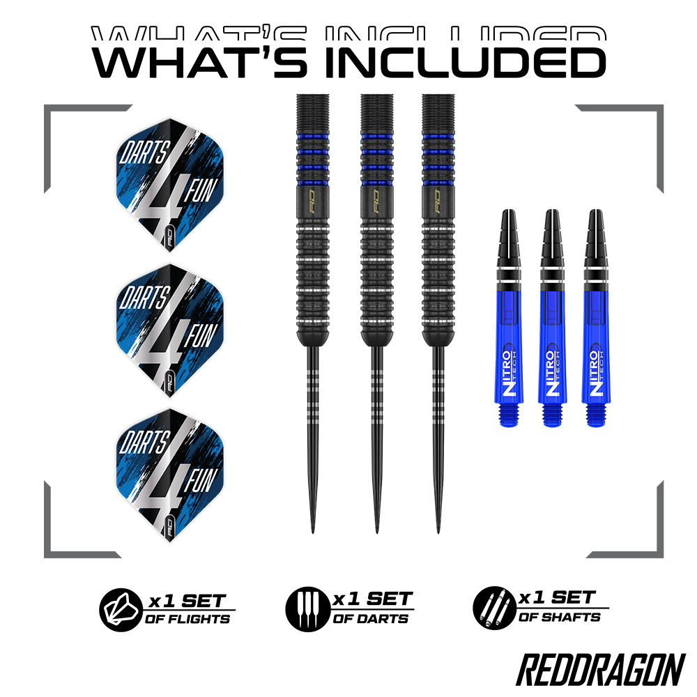 Ein Set Red Dragon Steeldart-Komponenten: Drei schwarze David Williams V1 Barrels (23g) mit blauen und silbernen Ringen, drei blaue Nitro Tech Shafts und drei Darts4Fun Flights in Blau und Schwarz, bereit zur Montage.