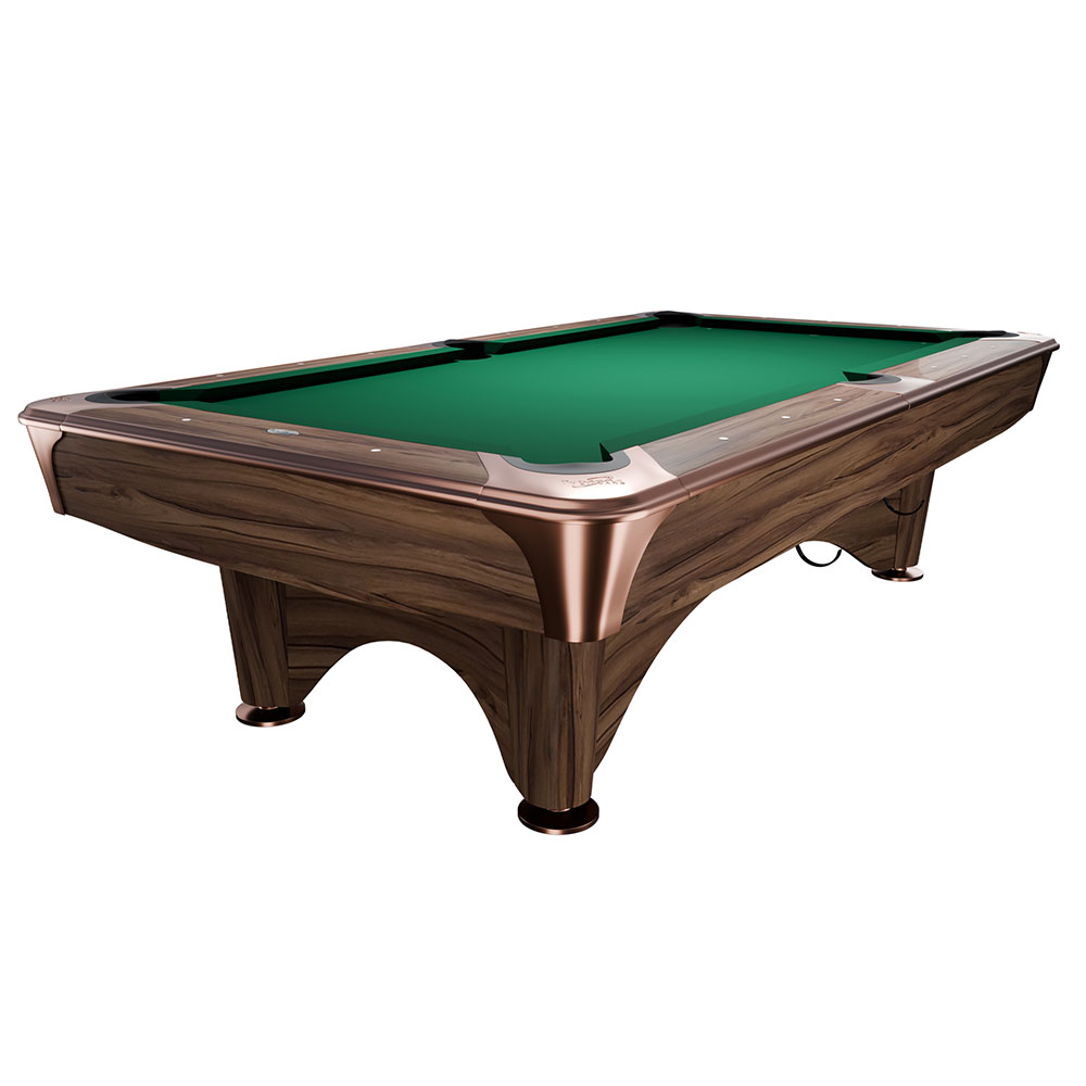 Dynamic, a modern 9-foot IV pool table crafted from contemporary brown wood with a distinctive grain. The playing surface features a vibrant Simonis yellow-green cloth, stylishly accented by shiny copper-coloured metal corners.