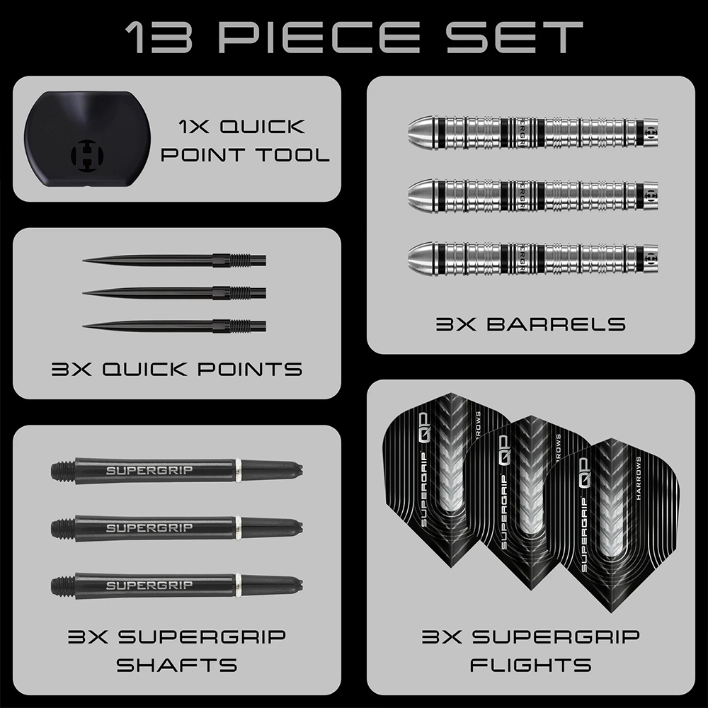 Harrows 13-piece steel dart set: three silver 90% tungsten barrels with a fine ring grip, three black Quick Points plus a tool, as well as three Supergrip Midi shafts and three Supergrip QP flights in black with a white arrow pattern.