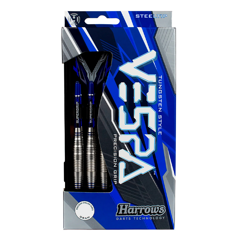 Blue and silver packaging for the Harrows Vespa steel darts. Through a window, three matt silver-grey darts are visible with bulbous barrels, shark, ring and wave grips, blue shafts and dark blue flights. Vespa and Harrows logos visible.