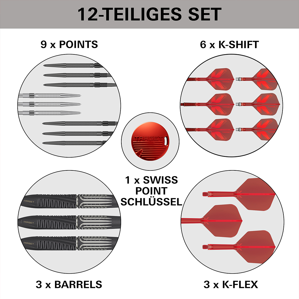 Target Overview: Shift Steel Dart Set: 9 Swiss Point tips (black/silver), 6 red K-Shift flight and shaft systems, 3 Shift barrels (black/silver) with grip zones, 3 red K-Flex setups, red Swiss Point key.