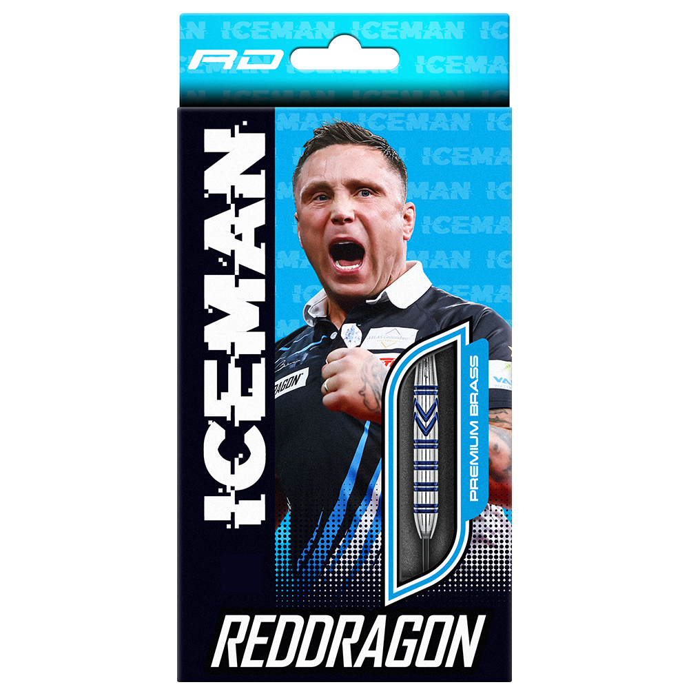 Packaging for Red Dragon Gerwyn Price Brass Darts: jubilant darts player Gerwyn Price ‘The Iceman’, mouth open. ‘ICEMAN’ vertical on left. Bottom: silver dart with blue grip rings, ‘PREMIUM BRASS’ and REDDRAGON logo.