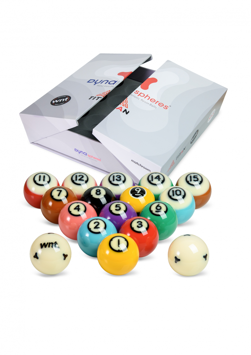 Vollständiger Satz bunter Pool-Billardkugeln (1–15) und zwei weiße Spielbälle vor geöffneter Verpackung. Ein Spielball mit WNT-Logo, beide mit sechs schwarzen Rotoren. Graue Dynaspheres Titan/WNT-Verpackung im Hintergrund.