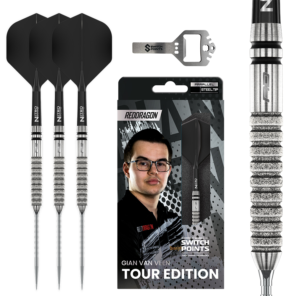 Darts-Set mit drei silbernen Darts und schwarzen Flights. Ein silbernes „Switch Points“-Werkzeug ist dabei. Verpackung „RedDragon Gian Van Veen Tour Edition“ mit Porträt und Darts-Nahaufnahme.