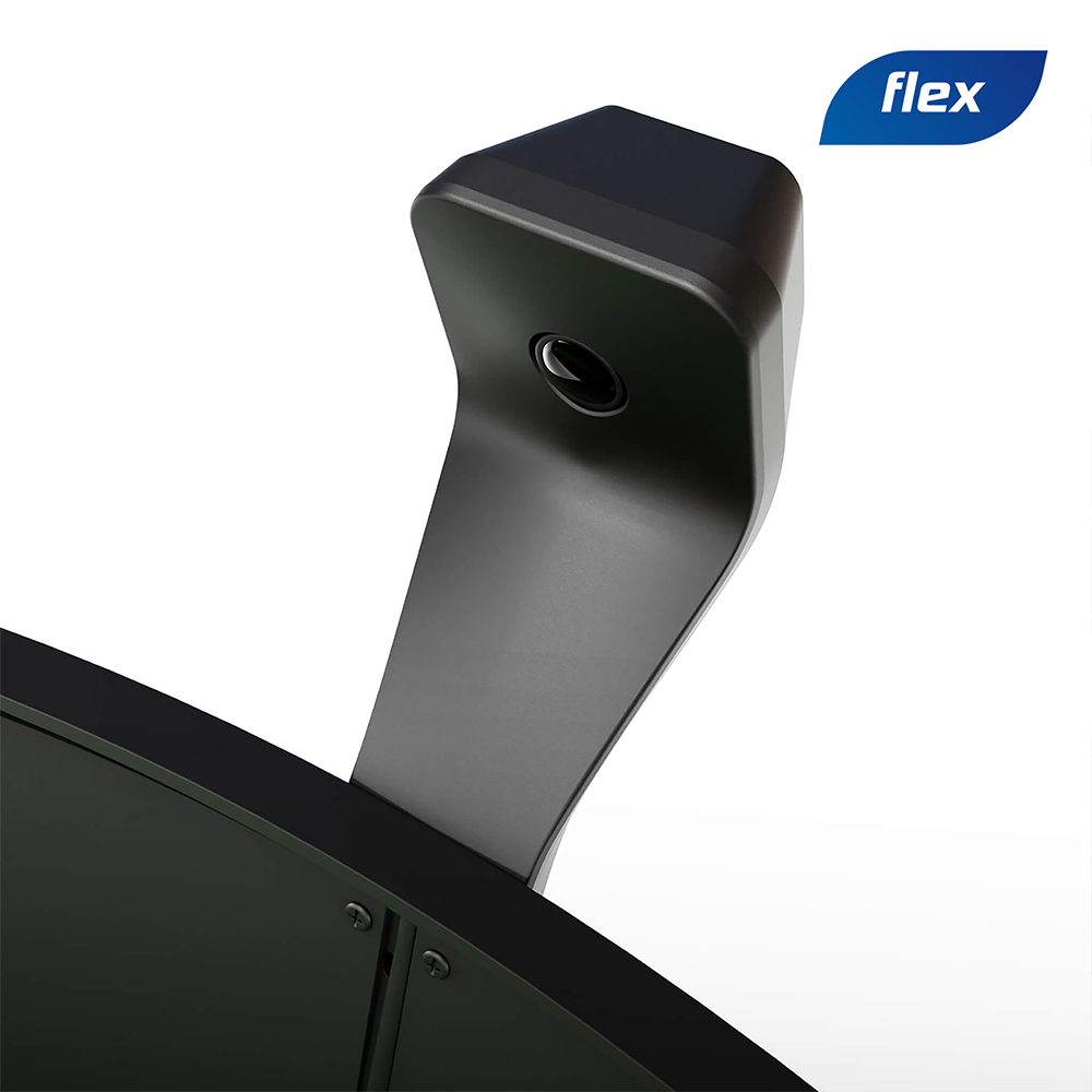 Gros plan sur une poignée ou un étrier noir mat, de forme ergonomique, qui dépasse d'un appareil noir. En haut de la poignée, on distingue un petit évidement rond ou un trou de vis. Fond blanc, logo « flex » en haut à droite.