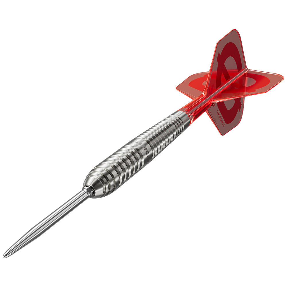 Fléchette en acier argentée « Target » avec corps rainuré pour une prise sûre. À l’avant, pointe « Swiss Point » argentée et effilée. À l’arrière, flight K-Flex rouge transparent avec logo « Target » pour une trajectoire stable.