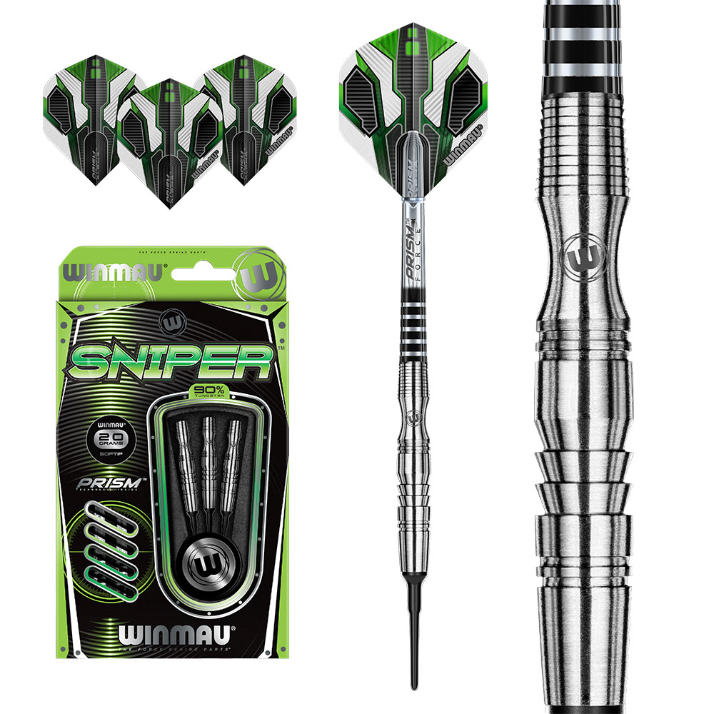 Winmau Set de fléchettes souples Sniper : emballage vert avec 3 barils en tungstène 20 g, une fléchette assemblée (baril argenté, tige noire, flight Prism Delta vert/blanc), 3 flights de rechange, vue détaillée.