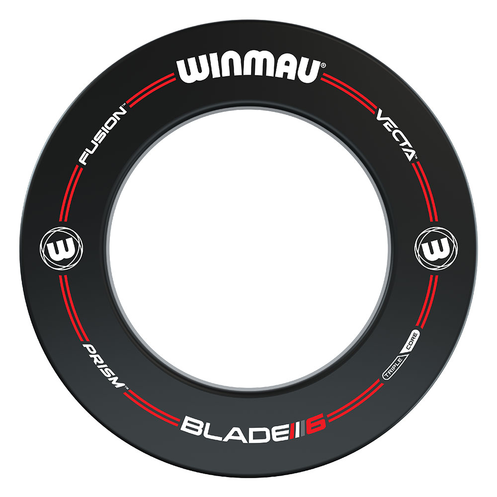 Black, ring-shaped dartboard protective ring with red decoration and white lettering: at the top ‘Winmau’ with ‘FUSION’ and ‘VECTA’. At the bottom ‘PRISM’, ‘BLADE 6’ and ‘TRIPLE CORE’. Two white W logos in a circle.