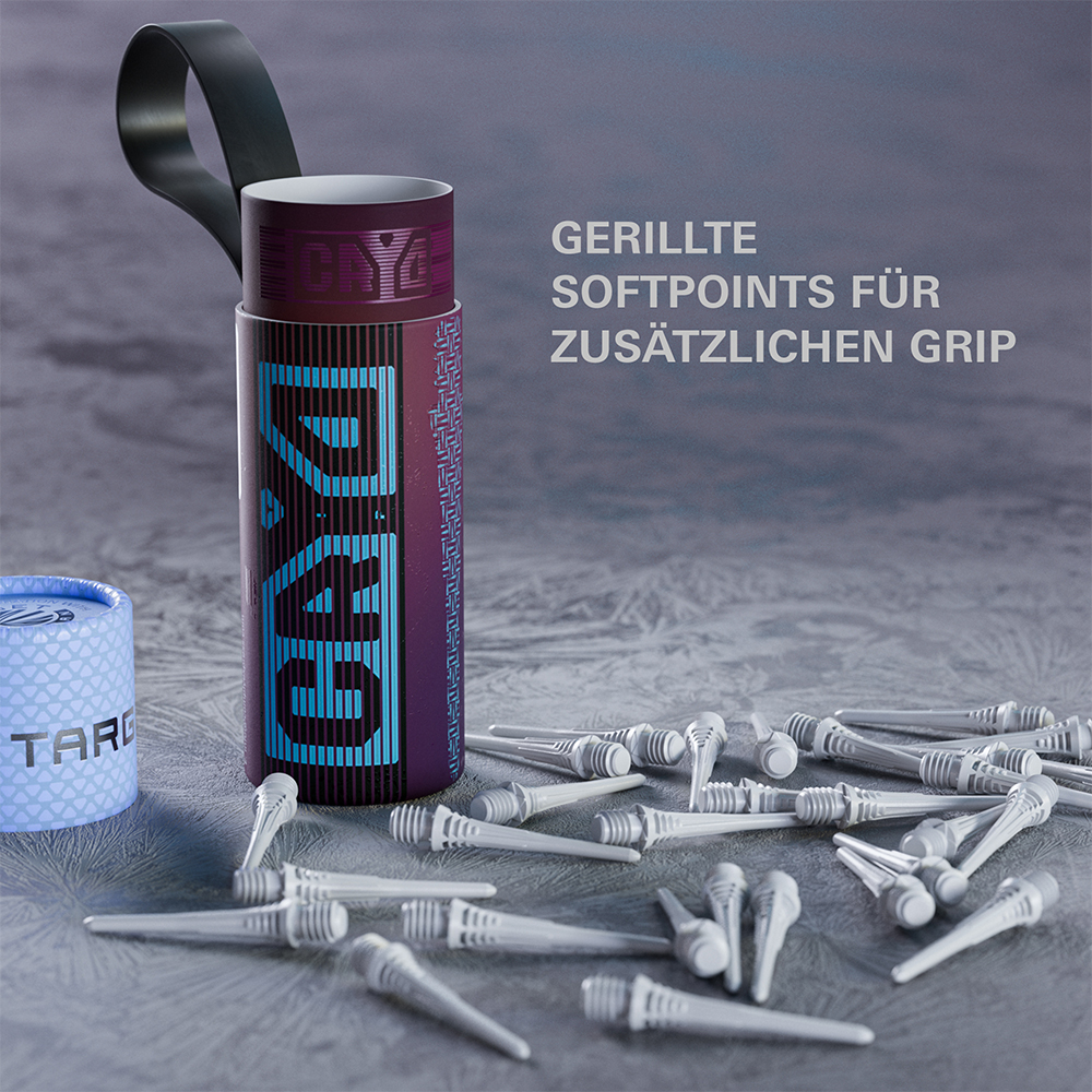Boîte Cryo verticale violet foncé avec inscription bleue et dragonne noire sur surface glacée. Des pointes de fléchettes souples blanches rainurées, meilleure adhérence, sont éparpillées. À gauche, récipient bleu « Target ».