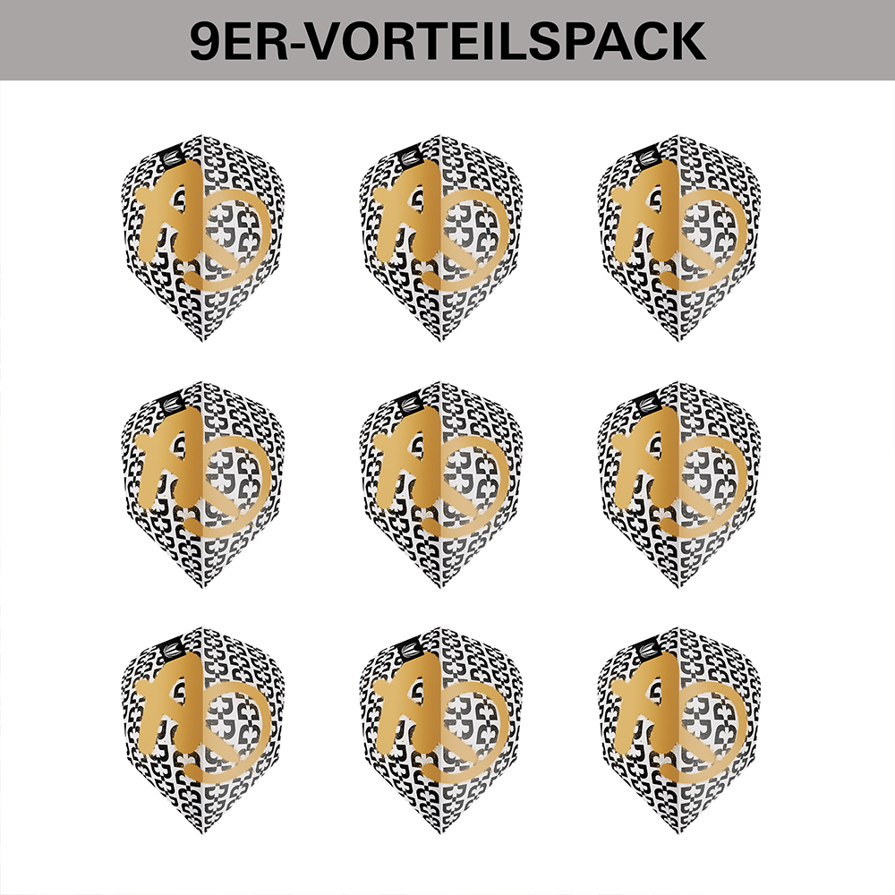 Nine white dart flights featuring an eye-catching black-and-white interlocking C-pattern, arranged in a 3x3 grid on a white background. Each flight displays the golden number ‘30’ in the centre. At the top it reads: ‘9-PACK SPECIAL OFFER’.