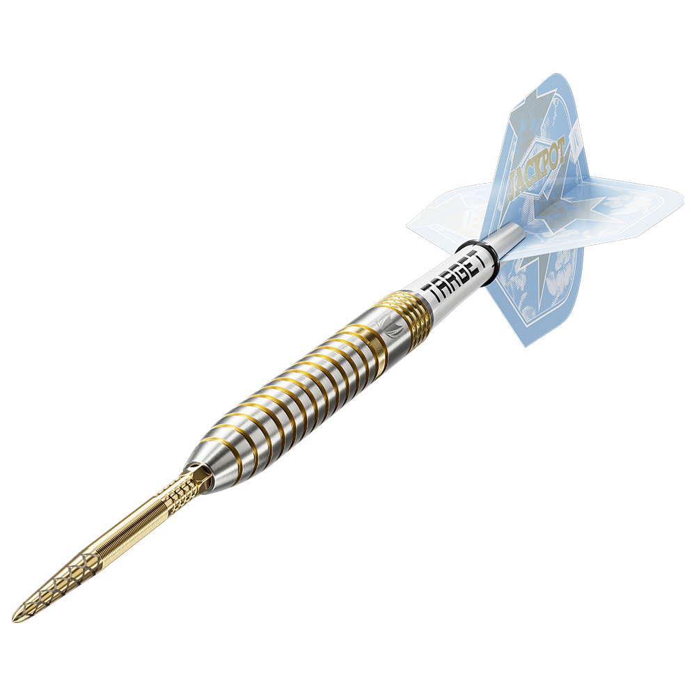 Fléchettes acier à pointe Swiss DX dorée. Corps avec segments argentés/dorés, rainures radiales et fraisages précis pour une adhérence optimale. Tige blanche logo Target, ailette bleu clair « JACKPOT » (valet de pique).