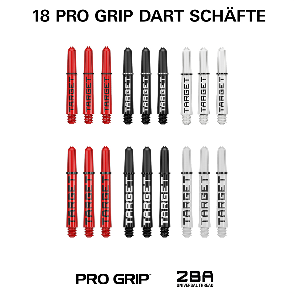 Lot de 18 tiges de fléchettes en acier « Pro Grip » de la marque « Target », disponibles en rouge, noir et blanc (6 pièces de chaque couleur). Avec logo « Target » vertical et filetage « ZBA Universal Thread » pour le montage sur les fléchettes.
