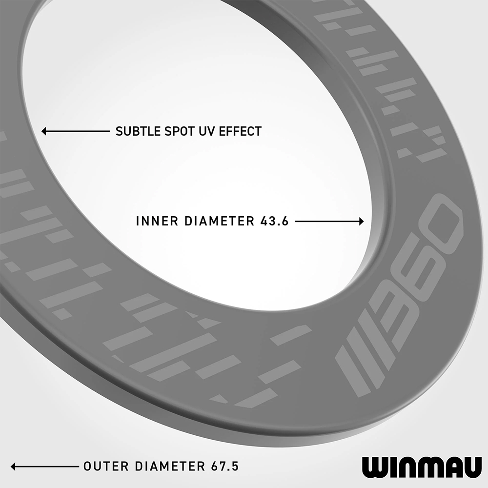 Cadre de cible rond gris foncé avec un subtil effet UV et des motifs géométriques. Diamètre intérieur 43,6 cm, diamètre extérieur 67,5 cm – indique la taille du cadre de protection. Logo « Winmau » en bas à droite.