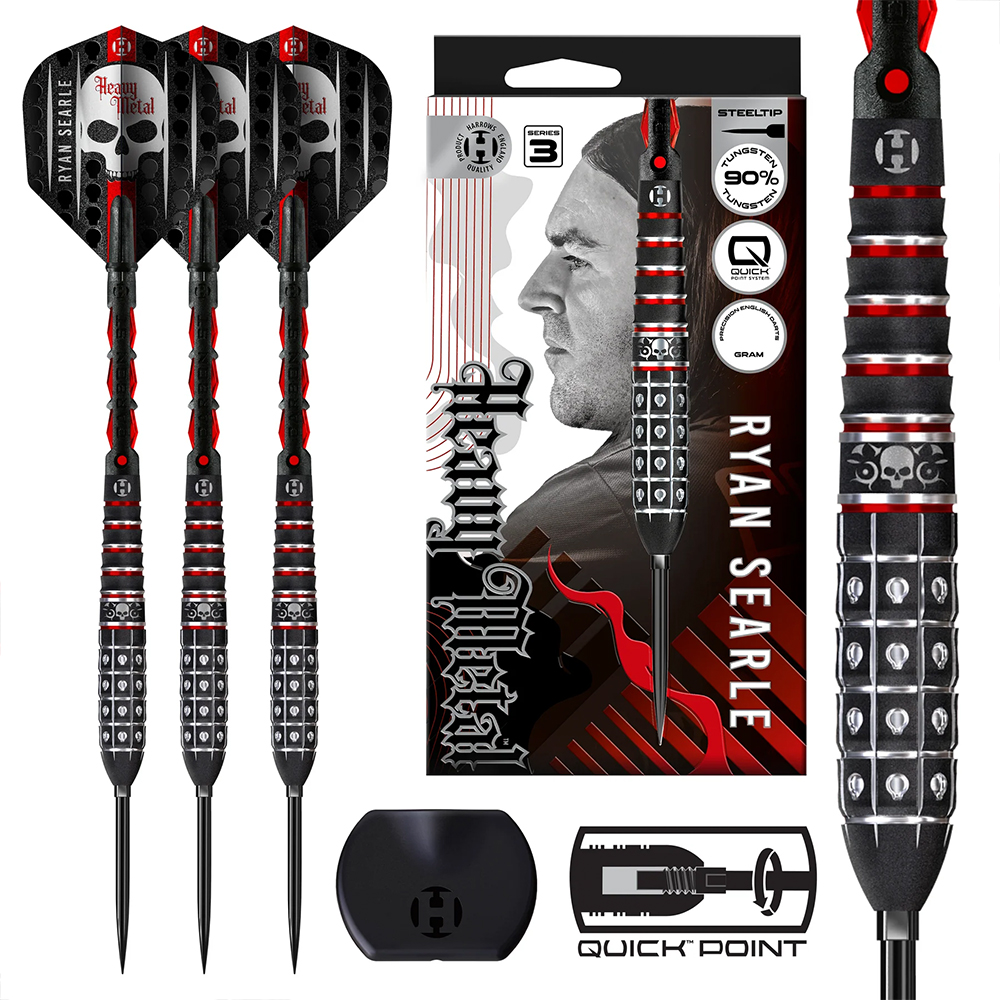 Three Harrows Ryan Searle steel darts: black barrels with red rings and skull cut-outs. Black flights with white skulls and ‘Heavy Metal’ lettering. Also included is packaging with picture of Searle, Quick Point details, and barrel close-up.