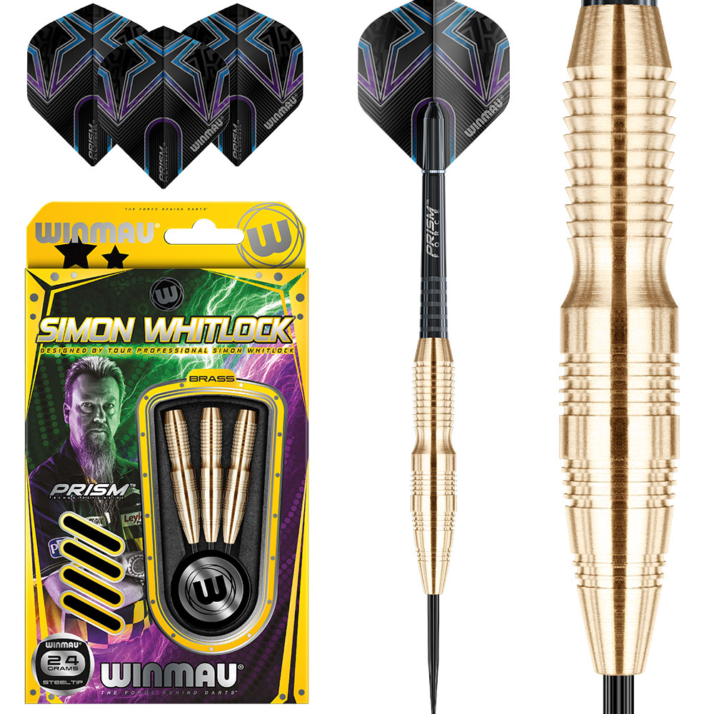 Yellow packaging of the Winmau Simon Whitlock steel dart set (24g) featuring Simon Whitlock and three brass barrels. Next to it, an assembled dart with a black shaft and a purple-blue ‘ Winmau ’ flight. On the right, a close-up of the barrel.