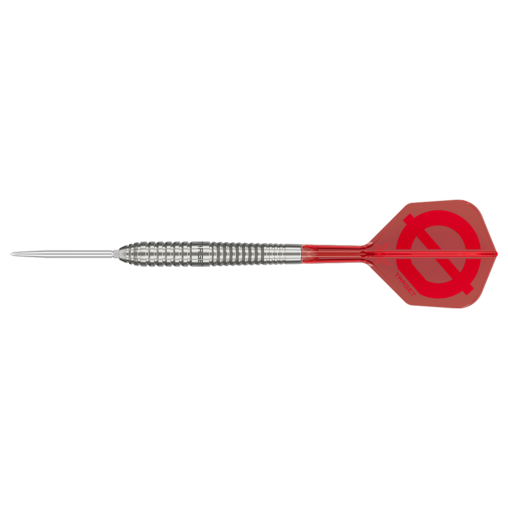 Target Group Ø Steeldart sur fond blanc : pointe Swiss Point de 35 mm, corps large et strié composé à 50 % de tungstène, tige rouge transparente, ailette rouge K-Flex avec indication du diamètre et « Target ».