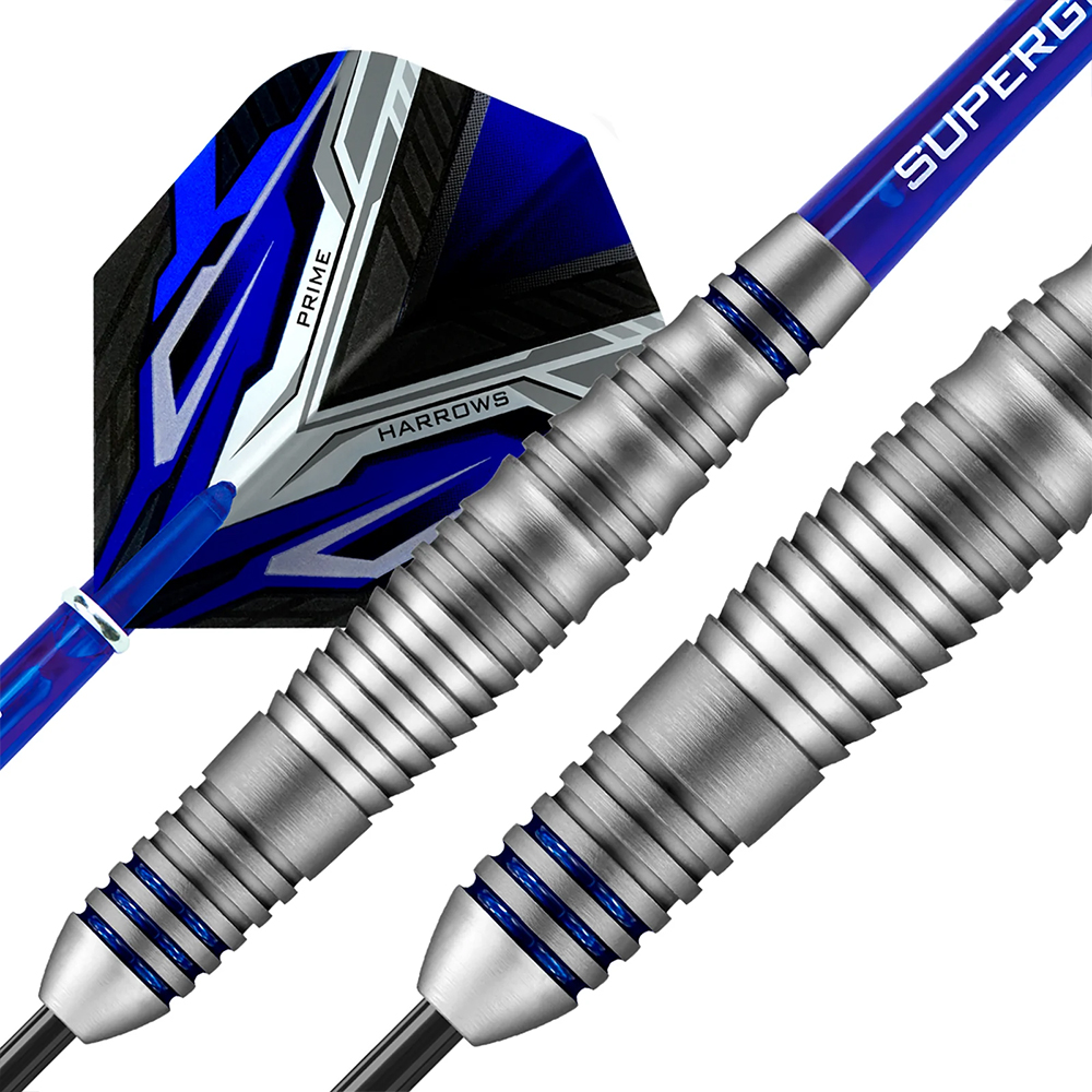 Two ‘ Harrows ’ Vespa steel darts with matt silver barrels and alternating ring and wave grips. Five electric blue rings are integrated into the grooves of the bulbous shaft. Blue shafts with blue, black, grey and white flights.