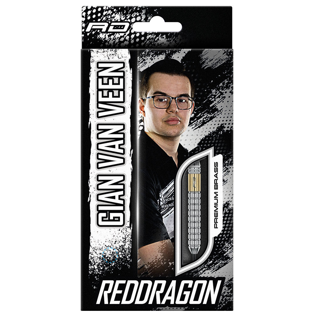 Black packaging for Red Dragon Gian van Veen Brass steel darts. Featuring a portrait of Gian van Veen wearing glasses and a silver-and-gold brass dart barrel with a ribbed grip. ‘GIAN VAN VEEN’ at the top, ‘REDDRAGON’ at the bottom. ‘Premium Brass’.