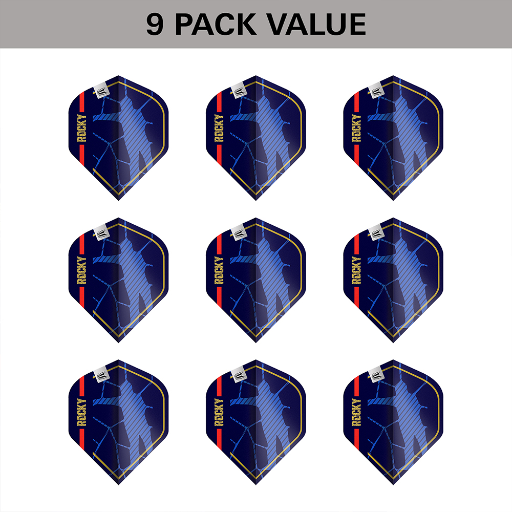9 plumes de fléchettes en grille 3x3. Chaque plume est bleu foncé, motif abstrait bleu clair et bords dorés. À gauche, bande rouge « ROCKY » en blanc. En haut, petit logo blanc « Target ». Design Josh Rock G1.