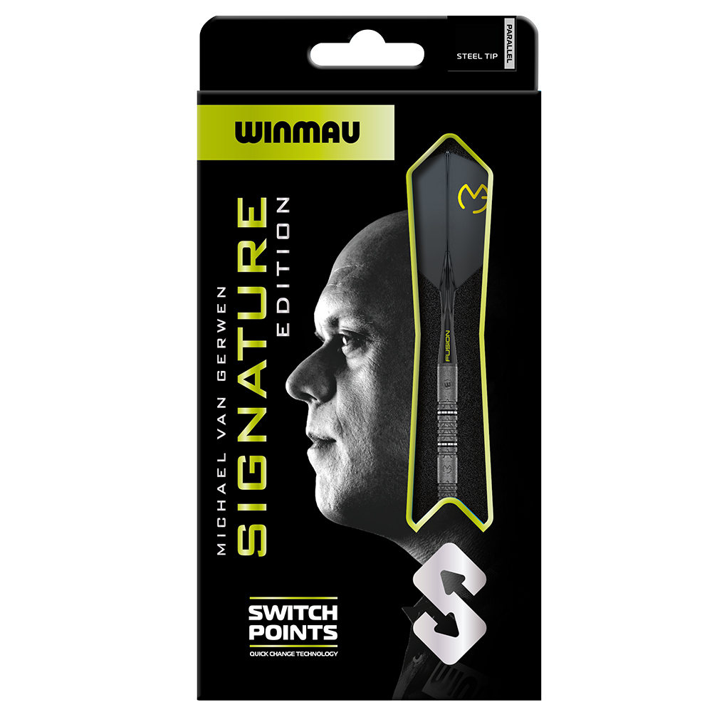 Emballage noir pour fléchettes de l'édition Signature Michael van Gerwen d'Winmau. Profil de van Gerwen en nuances de gris et une fléchette avec un corps noir et un vol en jaune et noir, encadrée d'un contour jaune fluo. En bas : « Switch Points ».
