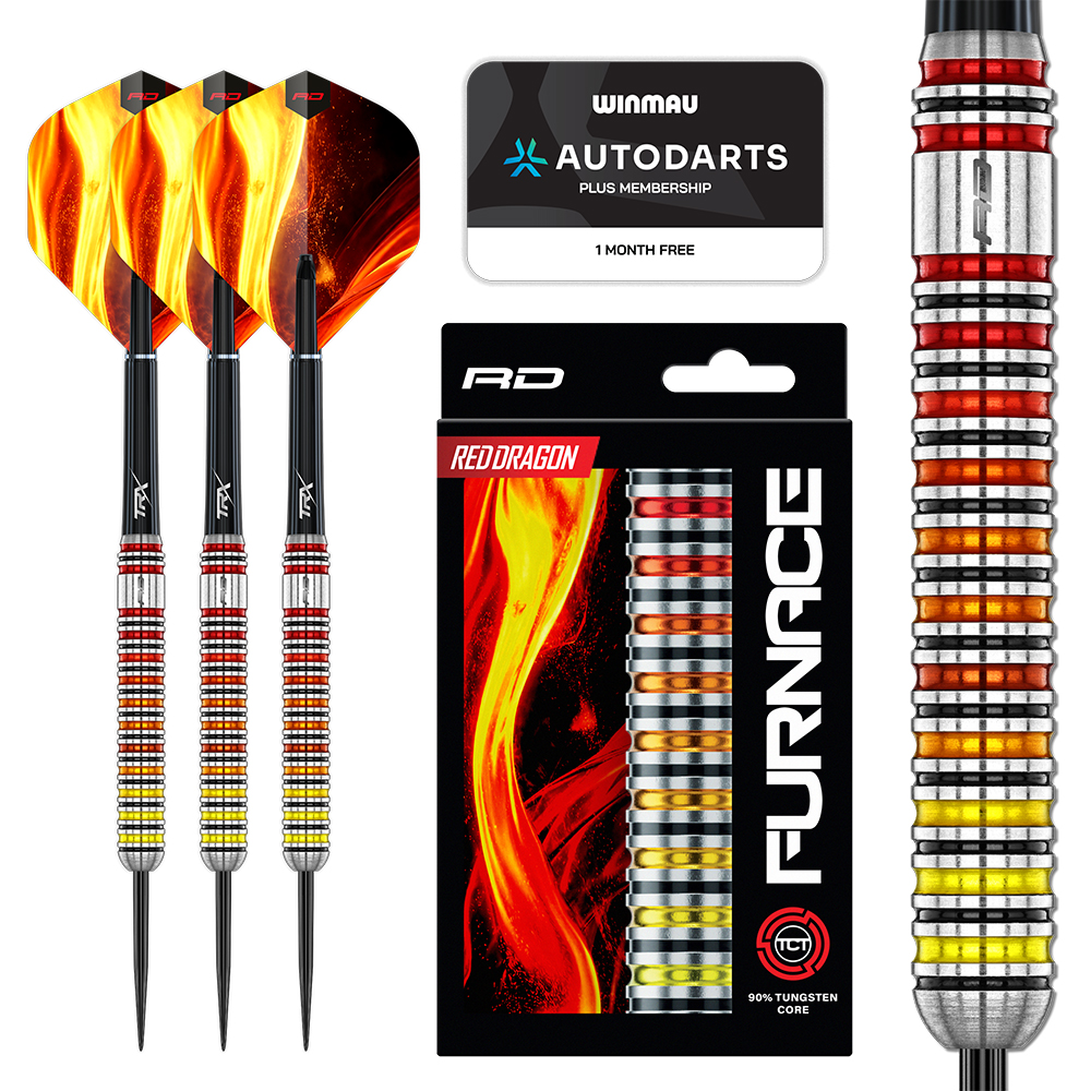 Three Red Dragon Furnace steel darts with black and silver barrels and striking red, orange and yellow rings. Flame-pattern flights. Also included: black packaging with flame motif, barrel close-up and Winmau Autodarts card.