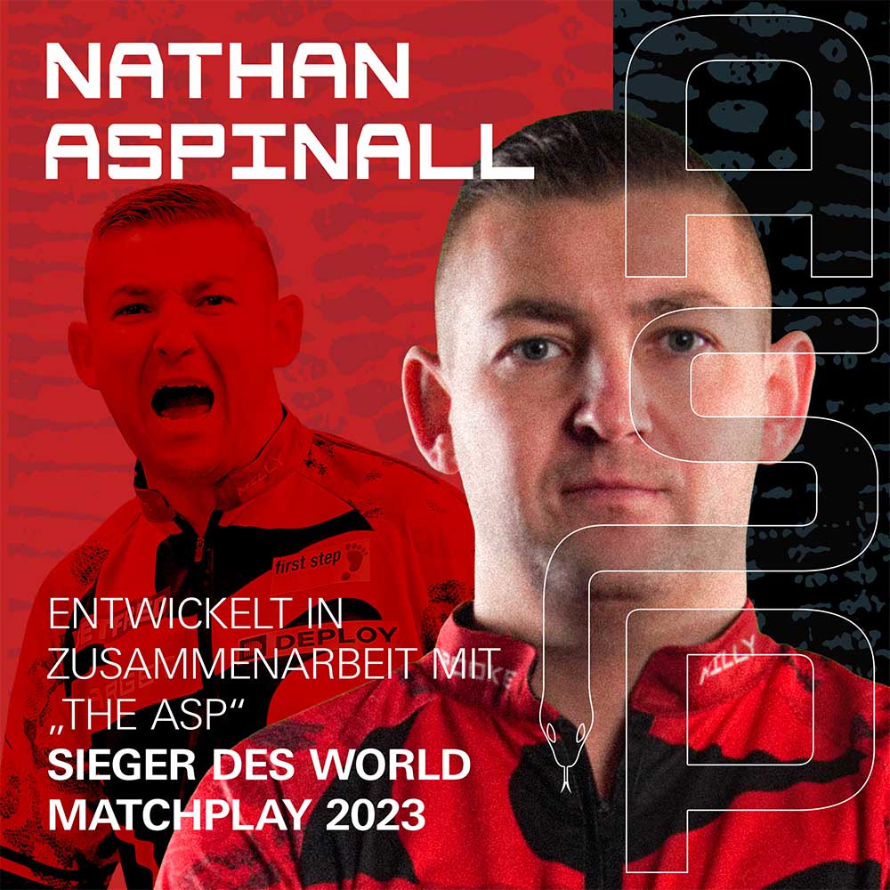 Nathan Aspinall au premier plan, calme et de face. Il exulte sur fond rouge. Avec le logo ASP, le serpent et le texte : « VAINQUEUR DU WORLD MATCHPLAY 2023 ».