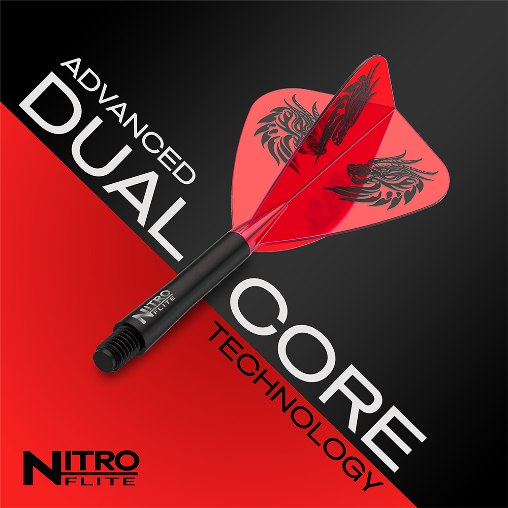 Tige de fléchette noire avec des ailettes rouges transparentes, ornées d'un dragon noir stylisé. Fond divisé en diagonale rouge/noir. Inscriptions blanches « ADVANCED DUAL », « CORE TECHNOLOGY » en diagonale, « NITRO FLITE » en bas à gauche.