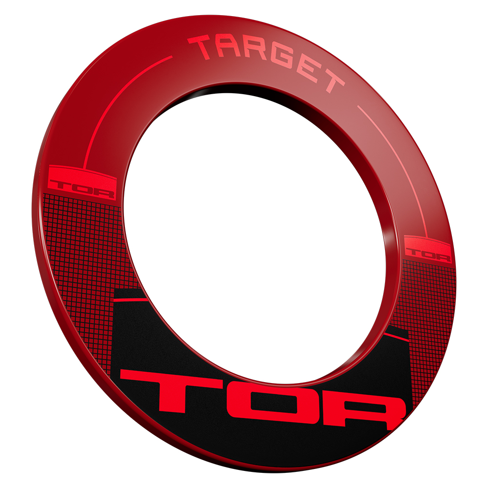 Anneau de protection rouge et rond « Target » pour cible de fléchettes TOR, vu légèrement de profil. Inscription « Target » en rouge en haut. Intérieur noir partiel, motif quadrillé rouge et logo « TOR » rouge en bas. Protège le mur.
