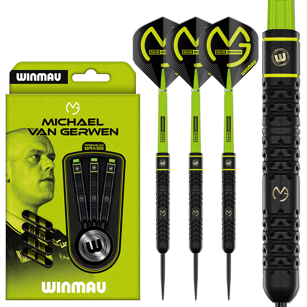 Green packaging for Winmau Michael van Gerwen brass steel darts with the player’s portrait. Beside them are three black steel darts with bright green shafts and black flights in the yellow MVG design. Right: ribbed black grip with MVG logo.