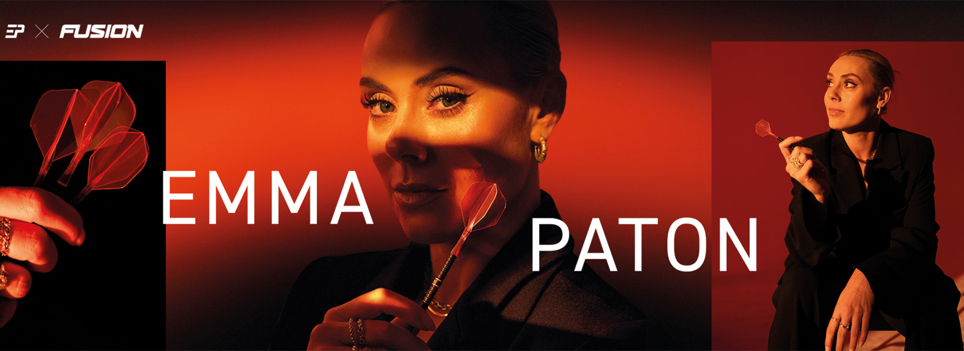 3‑teilige Collage: Emma Paton beim Darts. Links rote Flights in der Hand. Mitte roter Dart, Blick zur Kamera, rot beleuchtet. Rechts sitzend mit Dart, Blick zur Seite. Dominantes Rot.