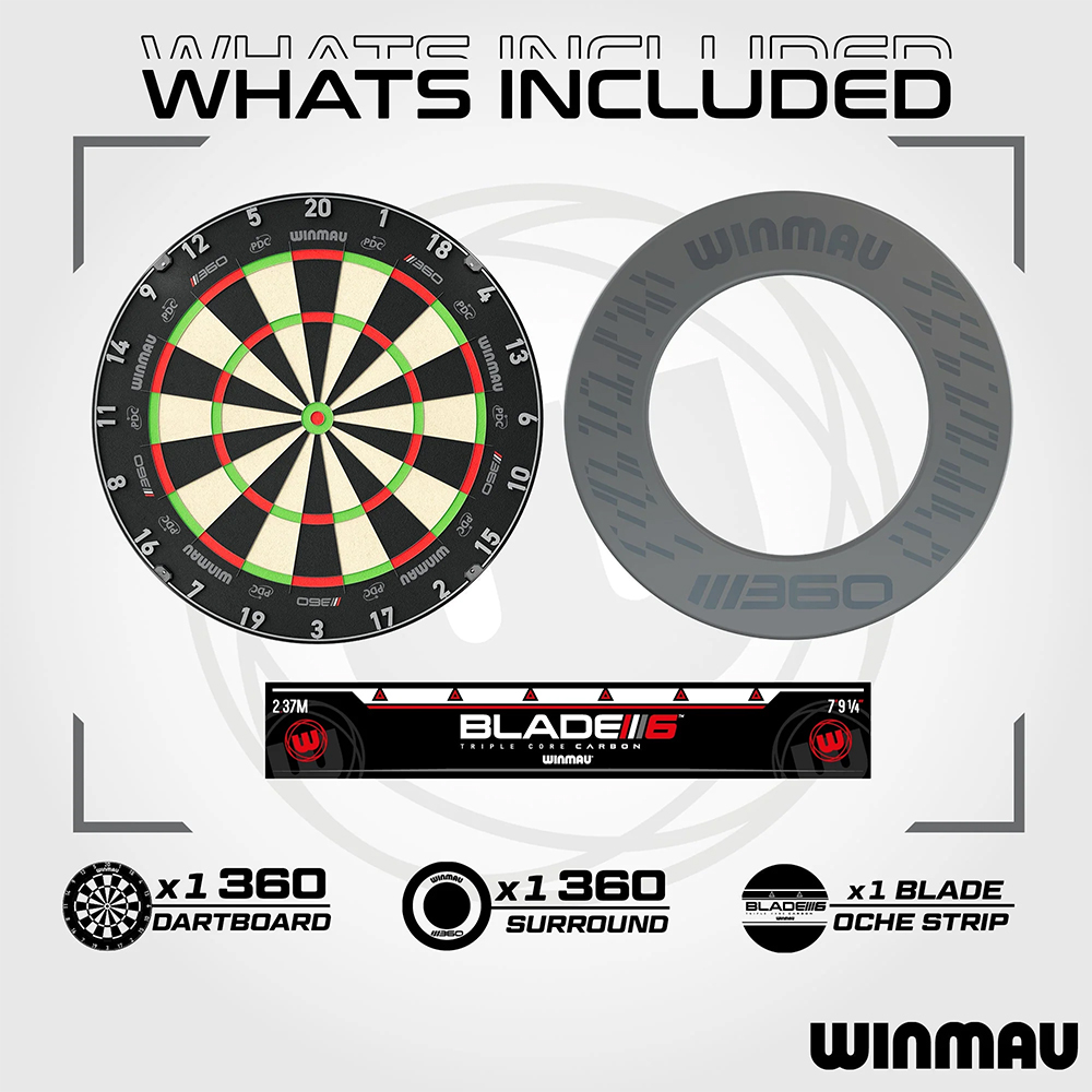 Winmau Ensemble de jeu de fléchettes Blade 360 : cible classique avec cases numérotées noir, blanc, rouge et vert. À côté, anneau de protection rond gris avec logo « Winmau ». En dessous, bande noire « Blade 360 » au niveau de l'oche.